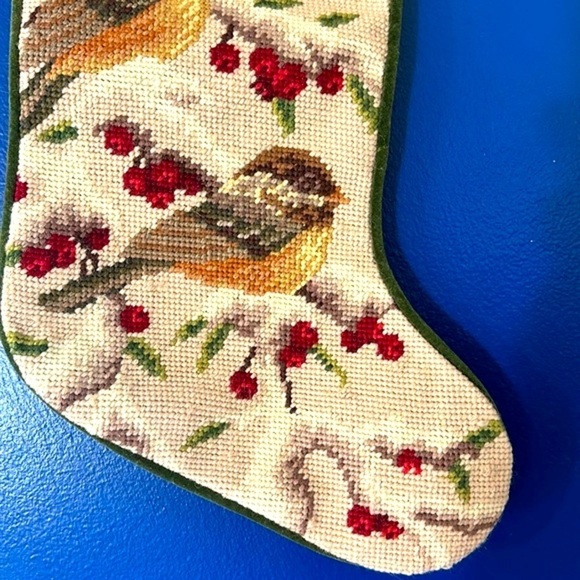 Vintage Needlepoint Christmas Doves on Snow Covered Tree Velvet Backed Stocking - Picture 3 of 6